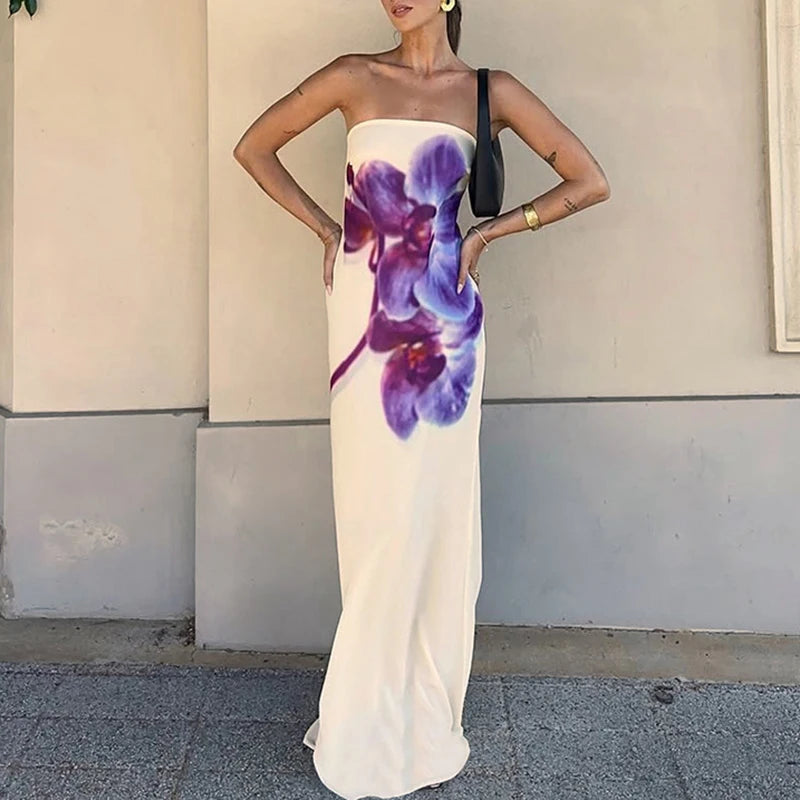 Cyflymder  Spring Fashion Flower Print Women Long Dress Sexy Strapless Backless Hollow Evening Dress Summer Off Shoulder Holiday Maxi Dress
