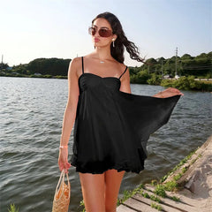 Cyflymder  Solid Camisole Chiffon Mini Dress Women Fashion Ruched Strapless Spaghetti Straps Backless A-line Holiday Party Outfits Clubwear
