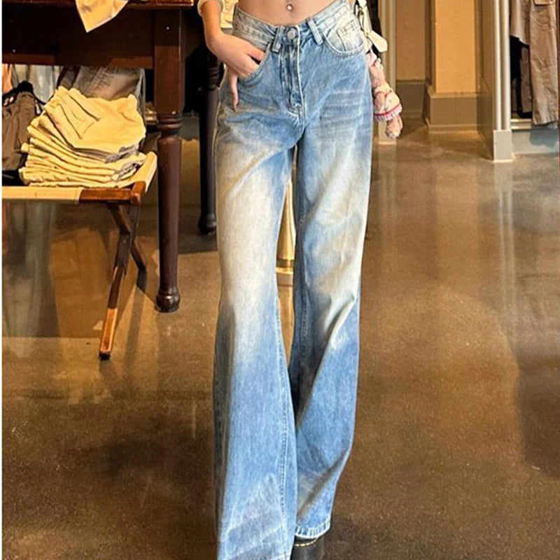 Cyflymder  Chic Light Blue Women Wide Leg Jeans Retro Streetwear Washed Baggy Denim Trousers New Summer Hot Girls Slimming Straight Pants