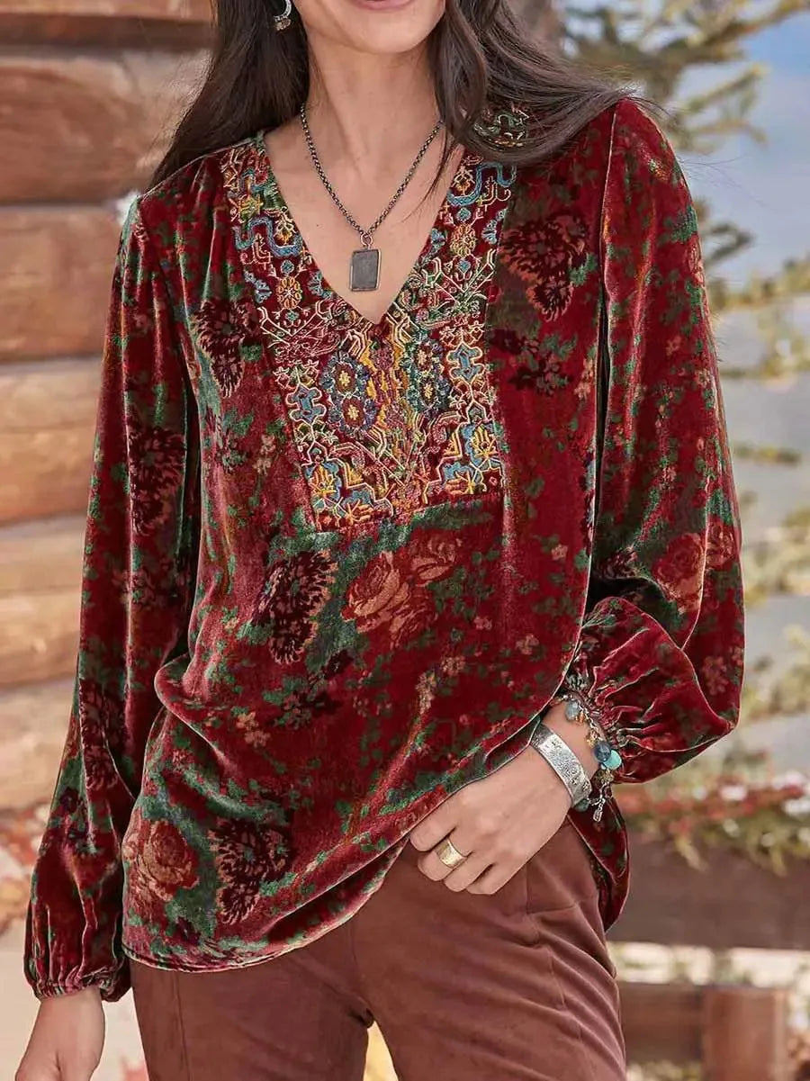 Cyflymder  Women Blouse Vintage Print V Neck Long Sleeve Elastic Cuff Streetwear Spring Autumn Loose Velvet T-shirt Pullover Women Clothes