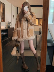 Cyflymder Winter Warm Overcoats Women Outwear Casual Y2k Office Lady Vintage Faux Fur Wool Coat Ladies Korean Fashion Khaki Jackets Chic