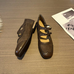 Cyflymder  Vintage Square Toe Double Strap Mary Jane Shoes For Women Versatile Inner Height Increasing Leather Dress Footwear