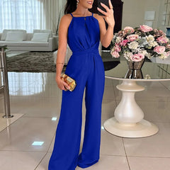 Cyflymder  Elegant O-neck Cross Draped Long Jumpsuit Women Casual Sleeveless Solid Color Office Romper Fashion Hight Waist Commute Playsuit