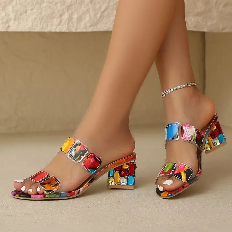 Cyflymder  Women's Fashion Sandals Square Heel 5.5cm Heel High Colorful Crystal Shoes Women Dress Leisure Retro Lovely