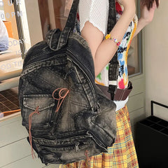 Cyflymder Washed Denim Womens backpack Large Capacity y2k Hot Fashion Designer big Travel Bag Girl Daypack bagpack casual commuter bag