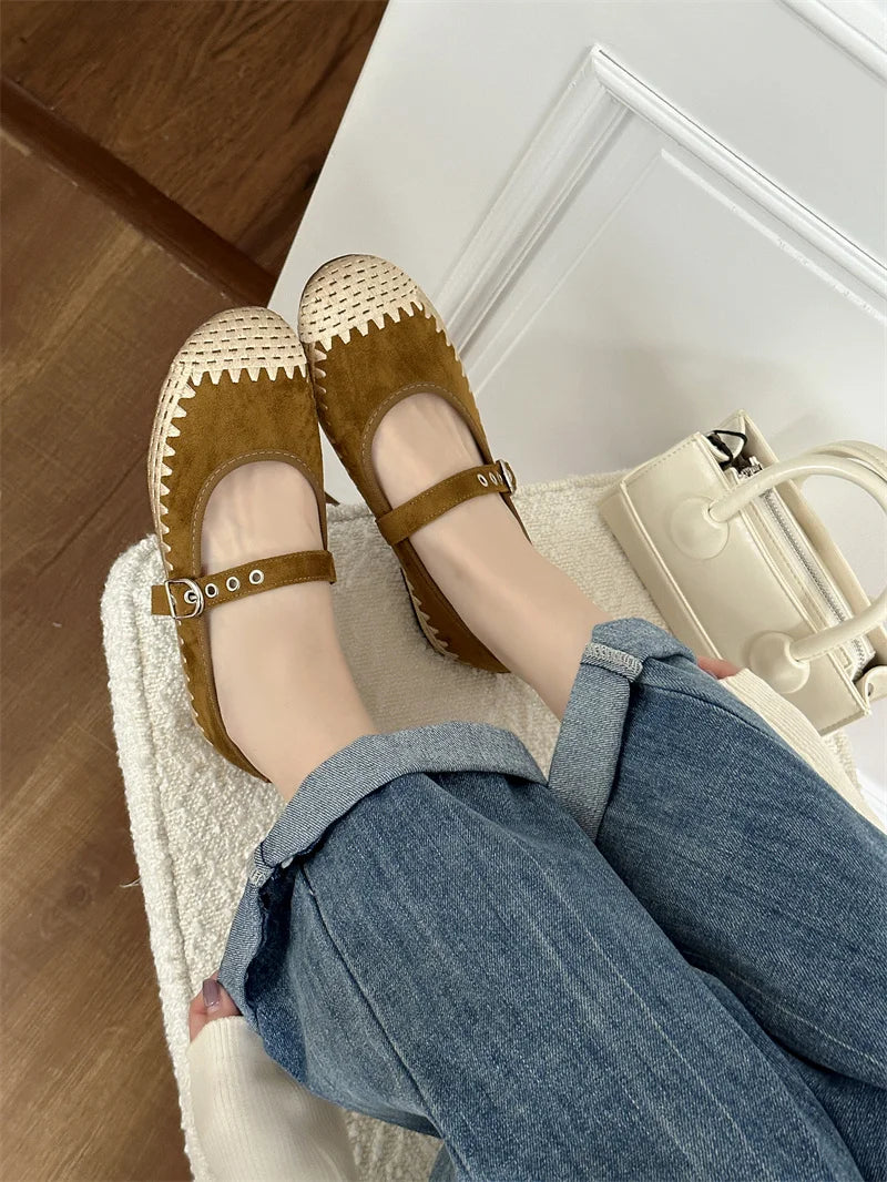 Cyflymder  New Woven Splicing Flats Women Faux Suede French Style Round Toe Buckle Mary Jane Shoes Comfort Shallow Designer Shoes Loafers