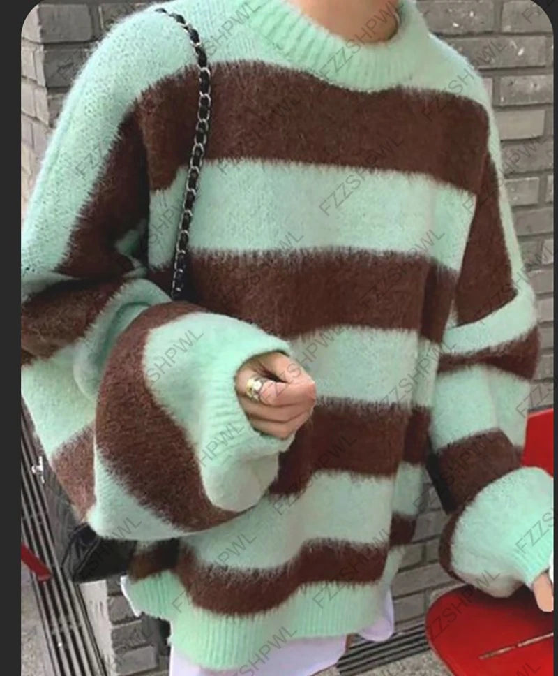 Cyflymder  Women Mint Green Brown Striped Fuzzy Knit Sweater Oversized Loose Long Sleeve Casual Winter Pullover Jumper