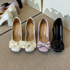 Cyflymder  Woman Square Toes Bowknot Design Women High Heels Shoes Fashion Women Grace Chunky Heels Lady Party Shoes 90869