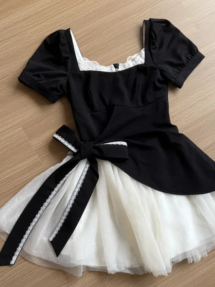 Cyflymder  Mesh Patchwork Sweet Dress Women Retro Cute Bow Slim Short Sleeve Mini Dress Casual Square Collar French Elegant Vestidos