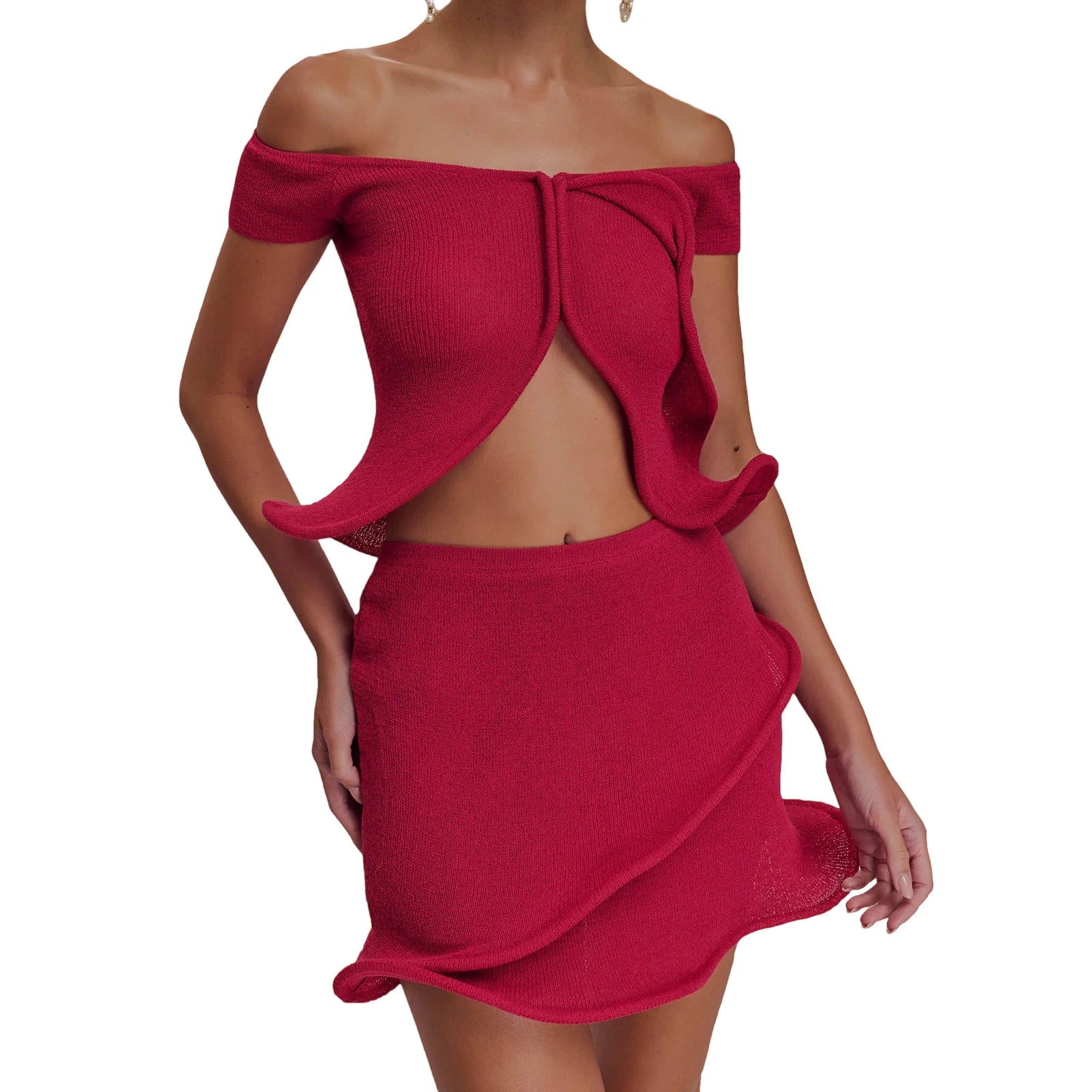Cyflymder  Women Knit Set y2k Clothes Off Shoulder Short Sleeve Slit Crop Top with High Waist Skirt Beach Party Clothing Clubwear