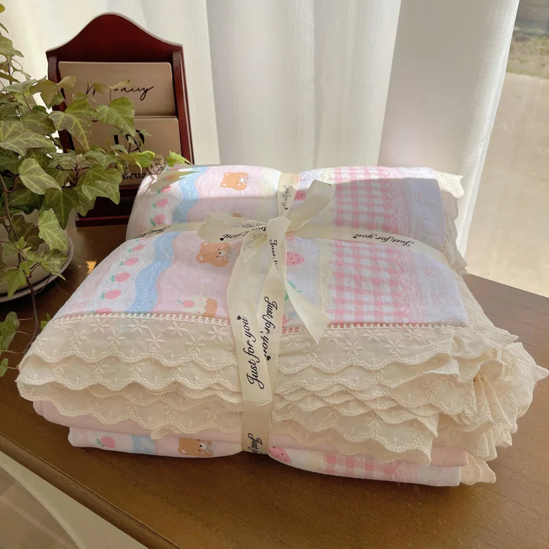Cyflymder  New A-Class Hollow Lace Bedding Set Fitted Sheet Quilt Cover Pillowcase for Spring Summer Korean Skin Friendly Cozy Bedclothes