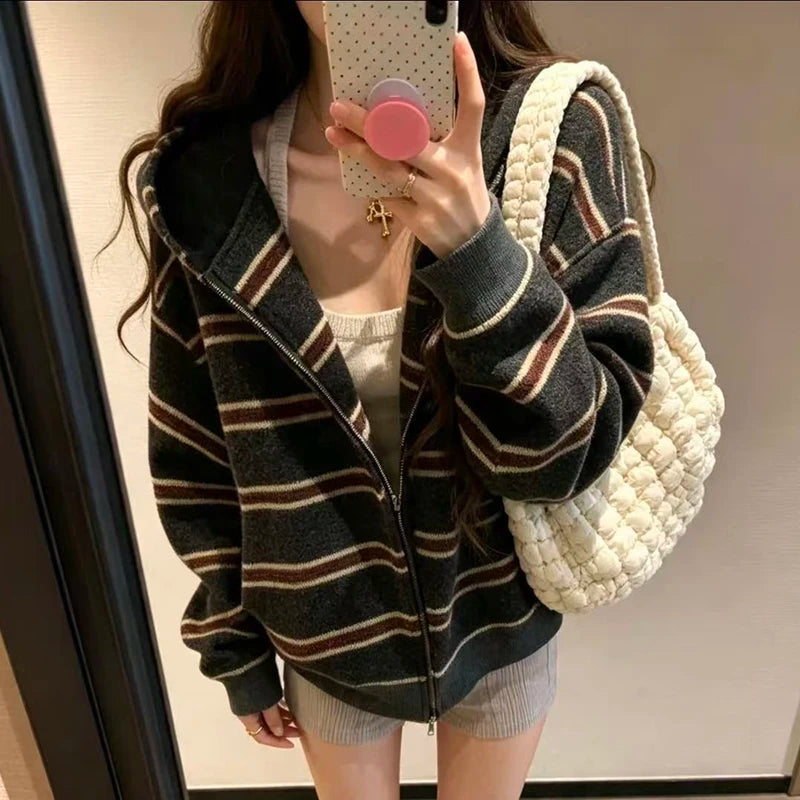 Cyflymder  American Striped Women Zipup Hooded Cardigan Autumn Retro Loose Y2K Streetwear Knitted Sweater Outerwear Woman