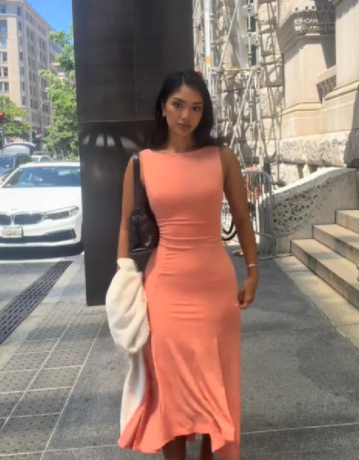 Cyflymder  Maxi Dress For Women Sultry Boat Neck Sleeveless Ruched Waist Slim Fit Flared Hem Long Skirt Lady's Casual Daily Bodycon Frock