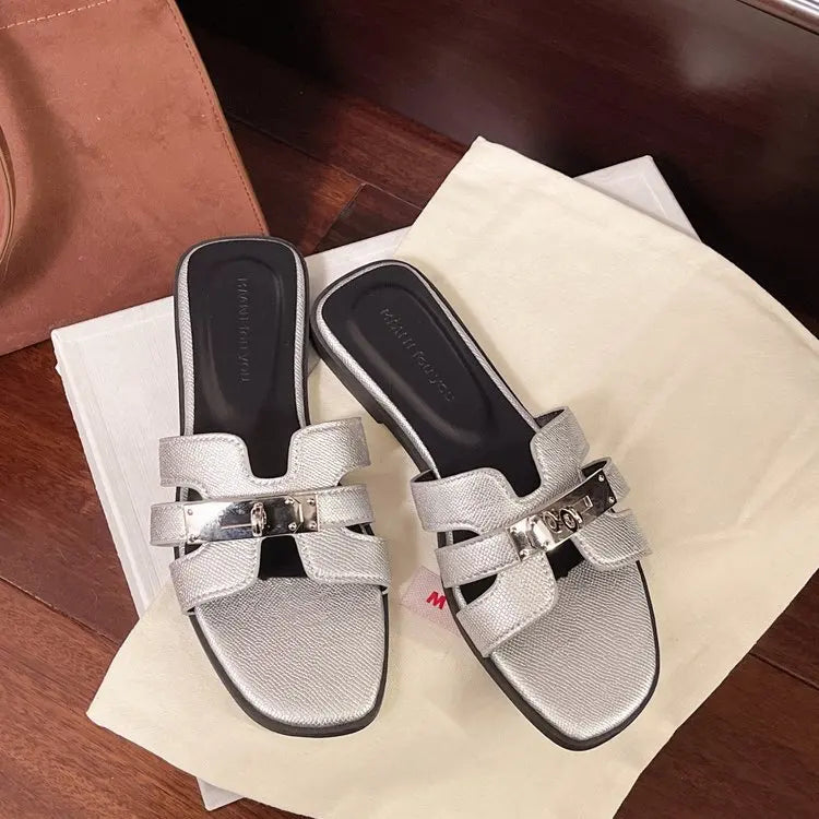 Cyflymder  Women's Flat Shoes Barefoot Outside Woman Pu Cross Belt Slippers Women Metal Decoration Sandals Summer Ladies Fashion Shoe