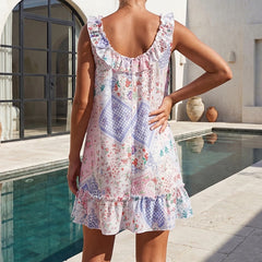 Cyflymder  Women French Floral Babydoll Dress Cottage Loose Ruffle Trim Sleeveless Mini Dress Beach Vacation Flowy A-line Dress