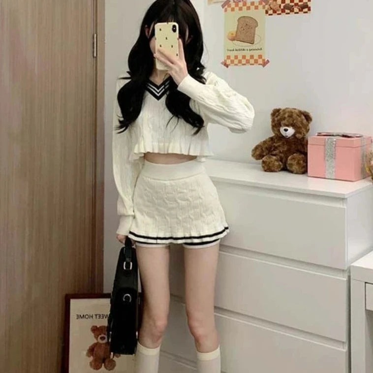 Cyflymder Korean Fashion Y2k Two Piece Skirt Set Women Sweet Stripe Knitted Sweater Crop Tops Slim Bodycon Mini Skirts Kawaii Lolita Suits