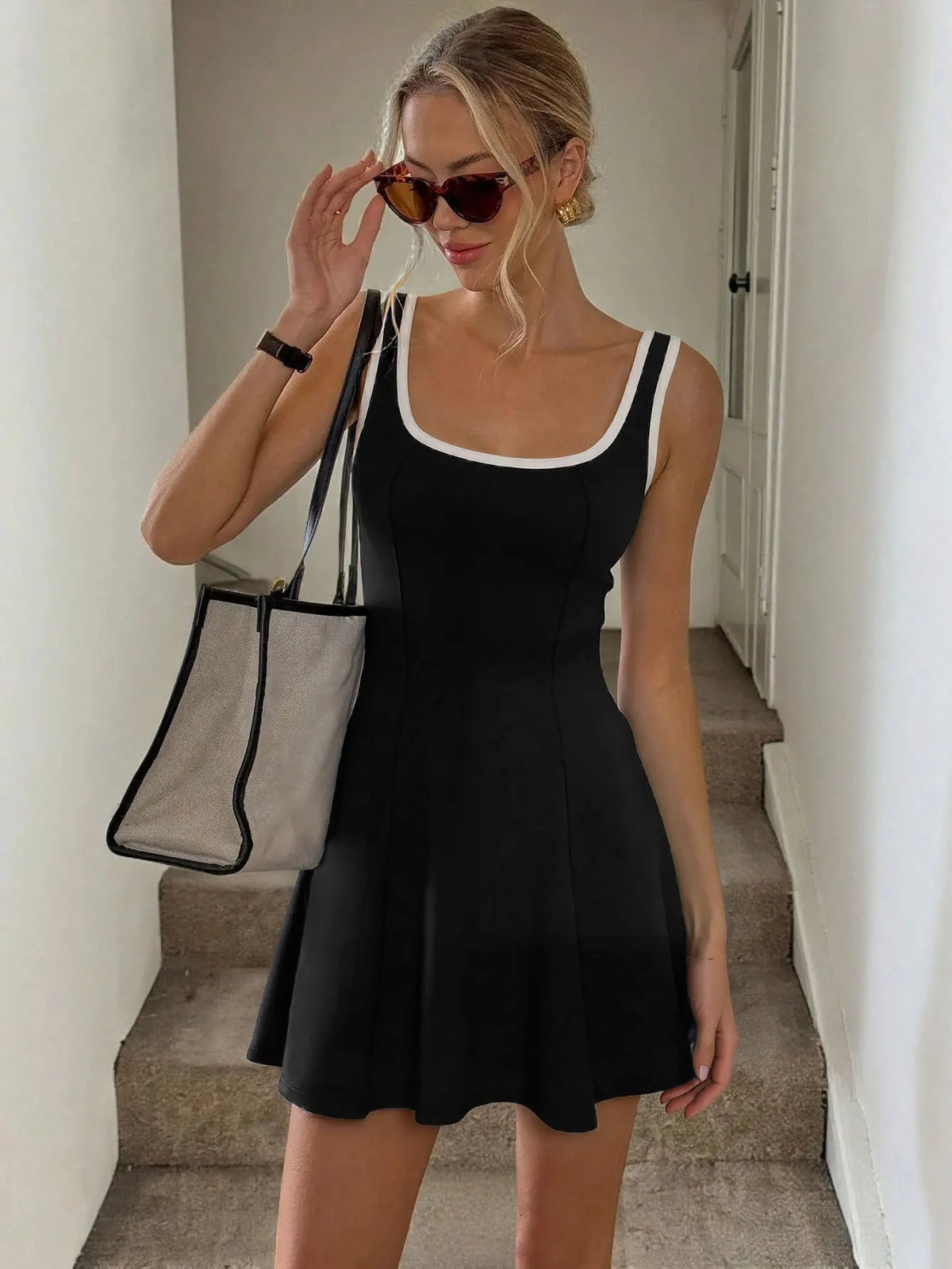 Cyflymder  Summer new sports style U-neck sleeveless contrasting color hemming slim and thin A-word short tennis dress dress women