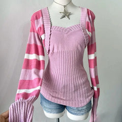 Cyflymder  Women Y2K Pink Striped Knit Top Sweetheart Neck Fake Two‑Piece Long‑Sleeve Slim Fit Ribbed Casual Streetwear Pullover Blouse