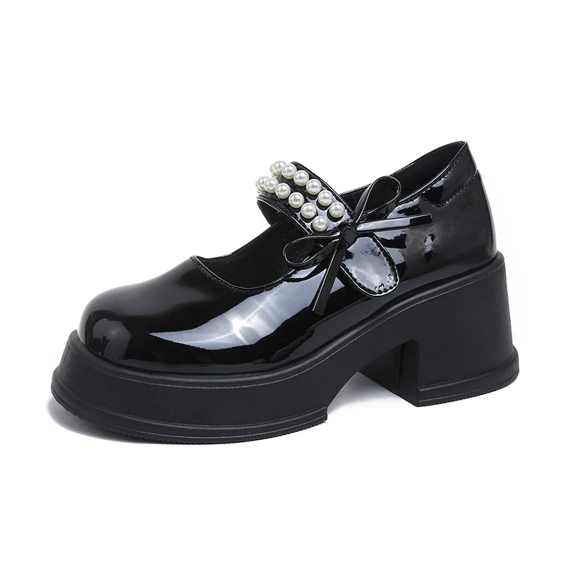 Cyflymder  Vintage High Heels Mary Jane Shoes for Women 2025 Patent Leather Platform Pumps Woman Pearls Thick-Heeled Shoes Female