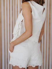 Cyflymder  Women s Summer Embroidered Sleeveless Tank Top and Shorts Set with Round Neckline Tie-Up Detail and Side Zipper - 2 Piece