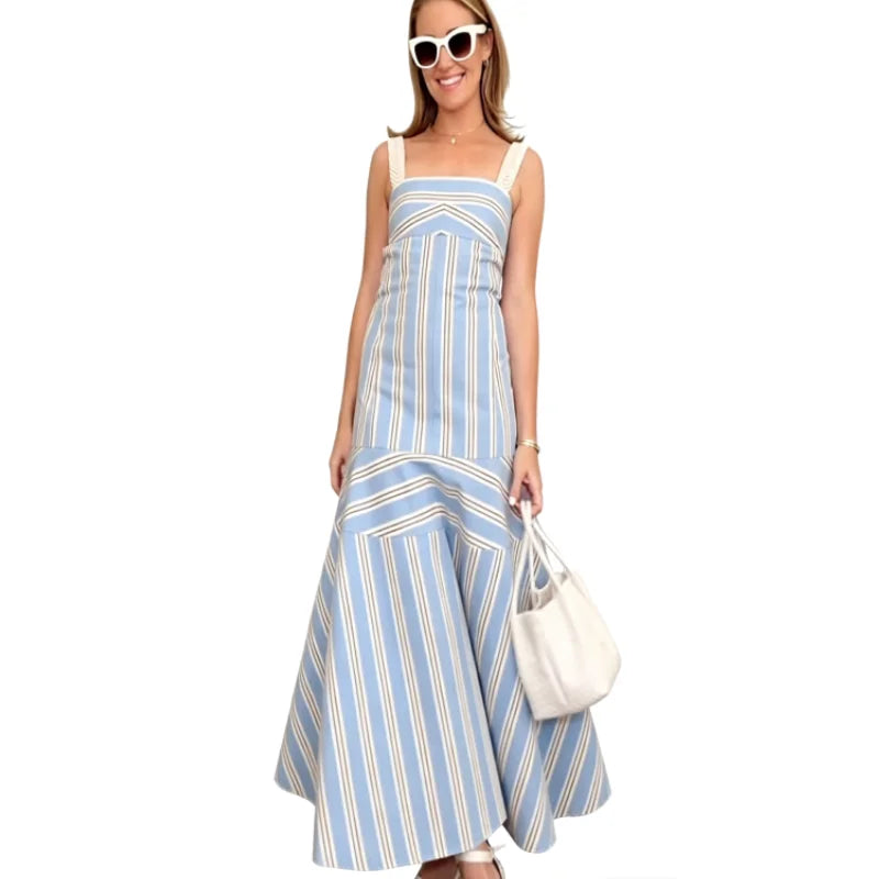 Cyflymder  Women's Blue Striped Sleeveless Maxi Dress Square Neck Wide Strap A-line Flowy Long Dress lady Casual Summer Vacation Sundress