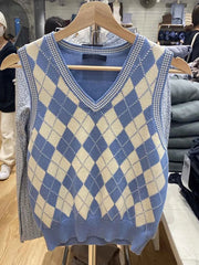 Cyflymder  Argyle V-neck Knitted Vests Women Autumn Cotton Soft Casual Sleeveless Pullover Tank Tops Vintage Streetwear Chic Slim Sweaters