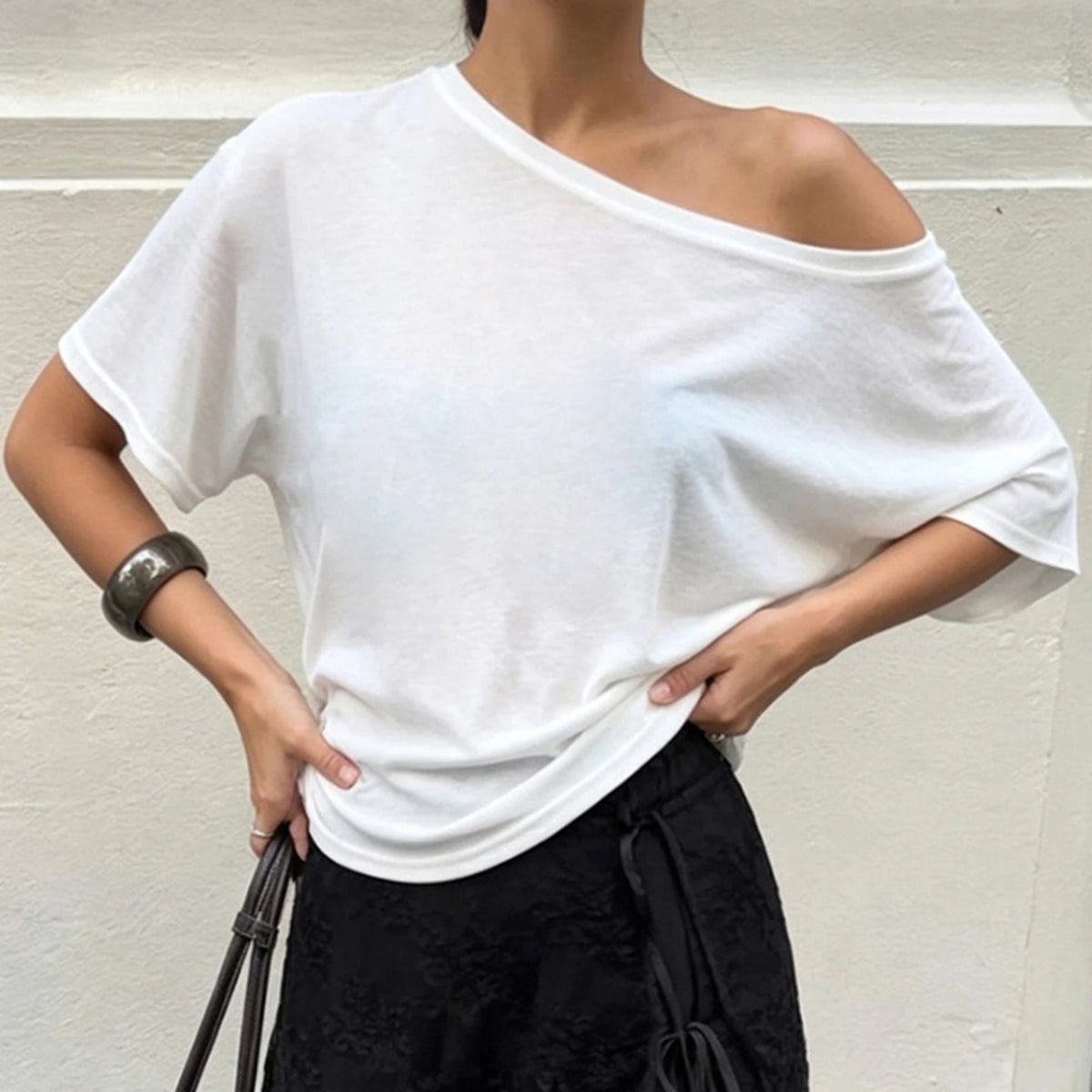 Cyflymder  Women's Causal Skew Neck Half Sleeve T-Shirts Women All Match Solid Loose Thin Tops Fashion Streetwear Clothes Tees Lades