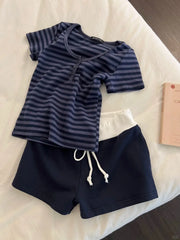 Cyflymder  Striped Cotton T-shirt Shorts Outfit Women Navy O-neck Slim Tees +Buttons Straight Sweatshirt Sweet Cute Home 2 Pieces Set Y2K