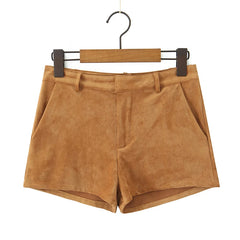 Cyflymder  Retro Brown Faux Suede Shorts Women High Waist Casual Short Pants