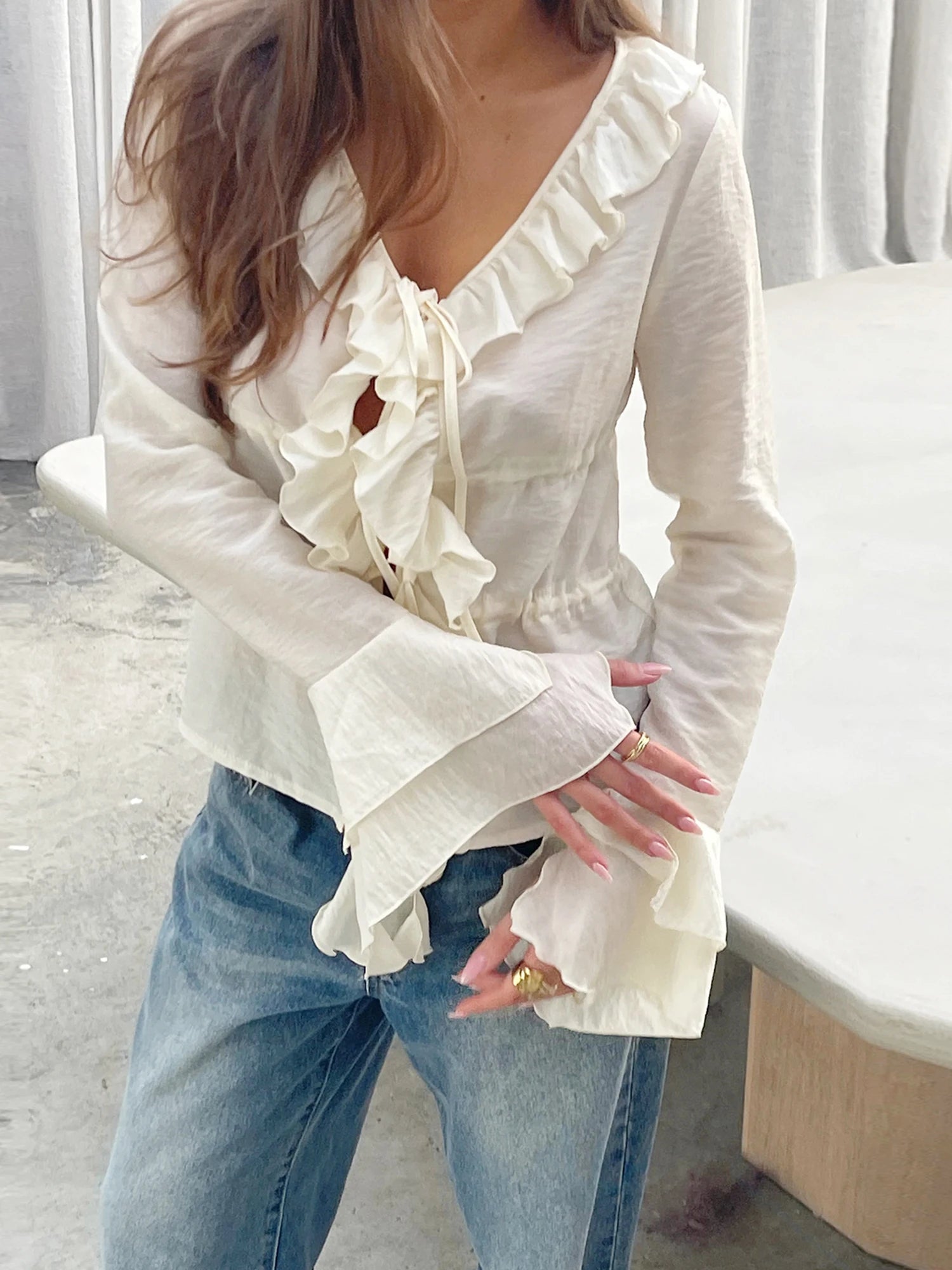 Cyflymder  Elegant Women s V-Neck Peplum Blouse with Flowy Front Bow Tie Long Sleeve and Ruffle Trim Detail for a Stylish Look