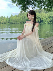 Cyflymder  One-shoulder Dr with 3D Floral Embroidery Beach Vaion Long White Gown Morning Robe Ceremony Dress