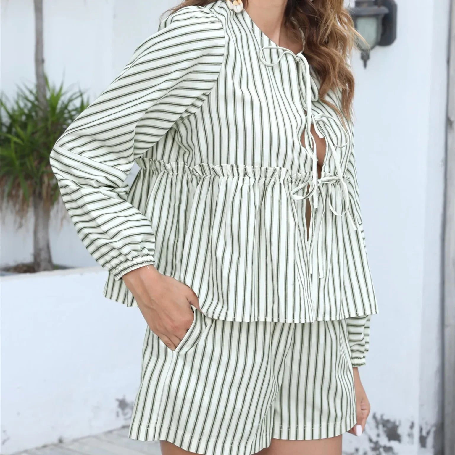 Cyflymder  Women's Striped Outfit Set Tiered Long Sleeve Tie-Up Shirt and Elastic Waist Shorts Casual 2 Piece Set for Fall