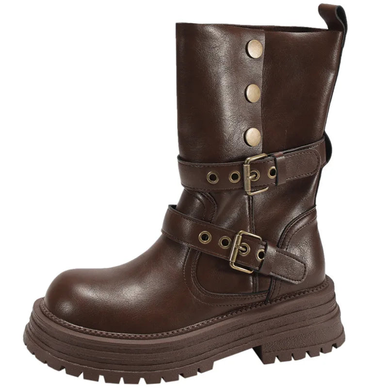 Cyflymder  Vintage Height Increase  Women Knight Boots Square Heels Goth Mid Calf Booties Buckle Strap Casual Shoes