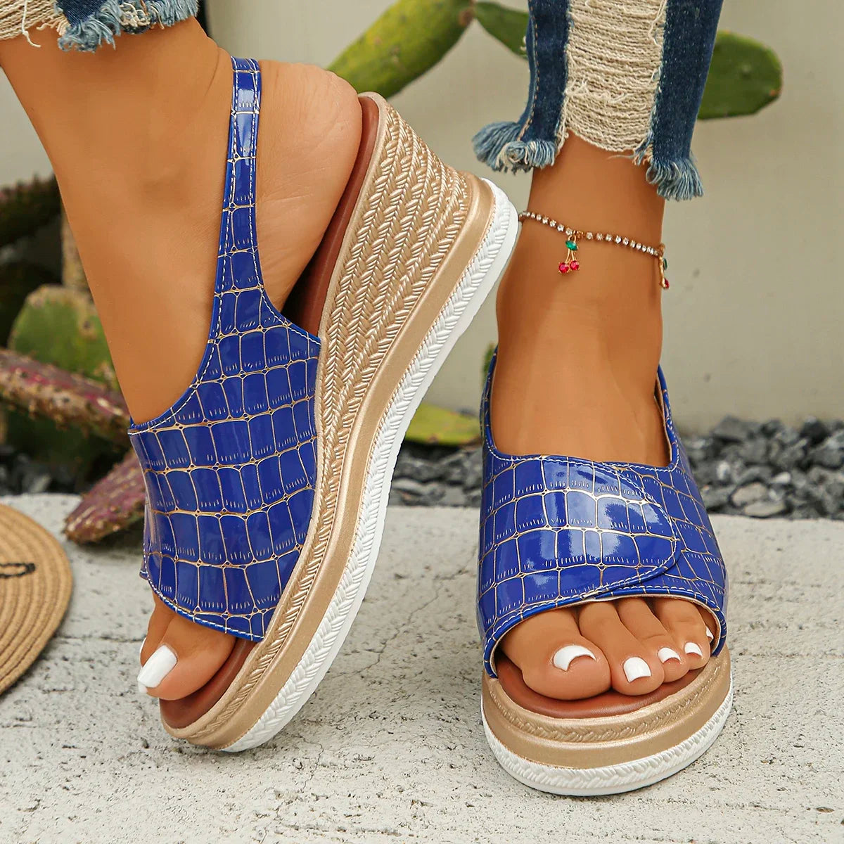 Cyflymder  Summer New Buckle Slope Heel Women's Sandals Summer Checkered Pattern Thick Bottom Non slip Beach Shoes