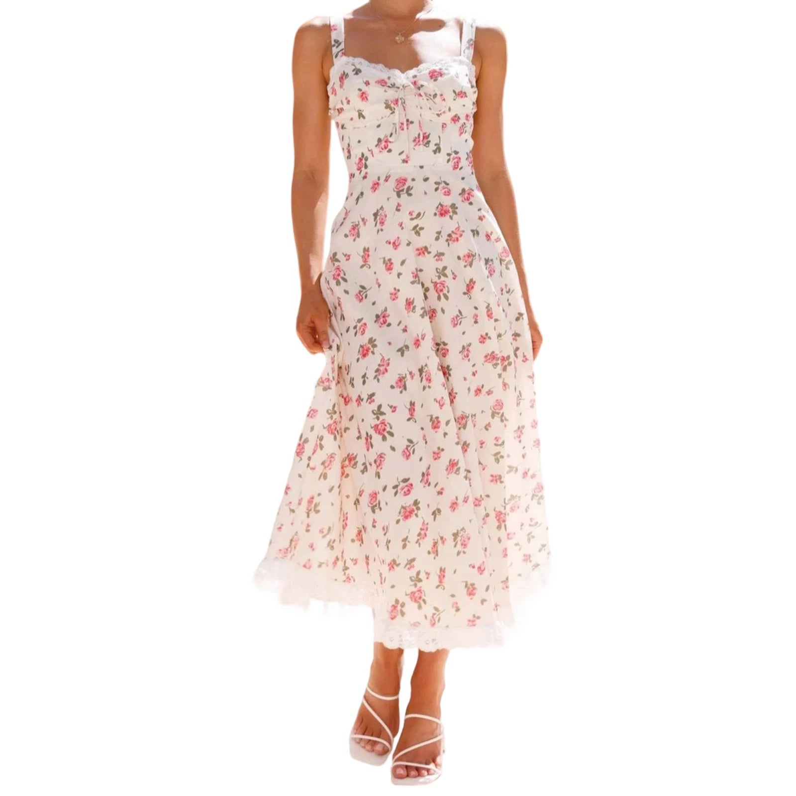 Cyflymder  Elegant Maxi Dress with Floral Print and Lace Trim Sleeveless A-Line Dress for Women Perfect for Summer Fashion