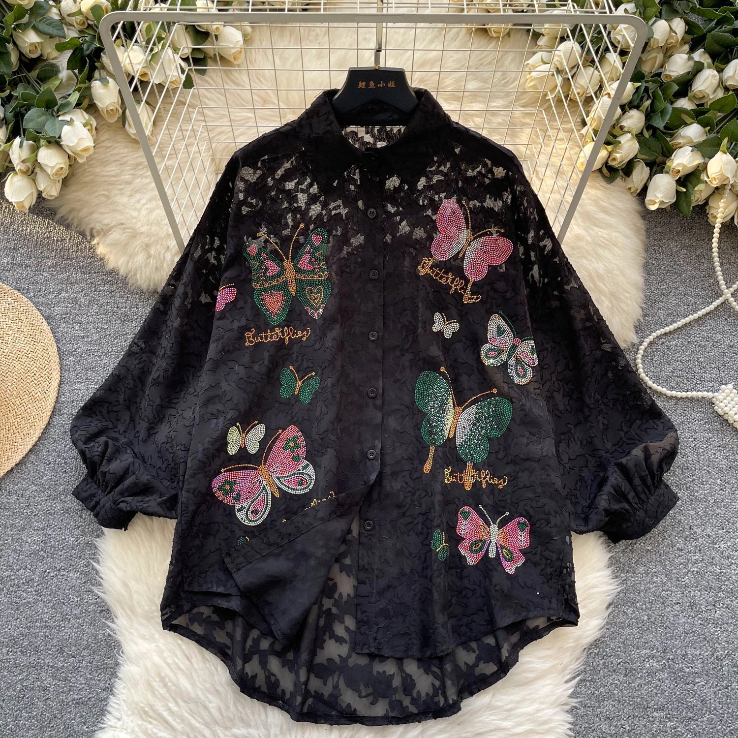 Cyflymder  Ele Vintage Bubble Sve irt Women's Loose Embroidered Me Top Spring Faionable Commute Sle Korean Version