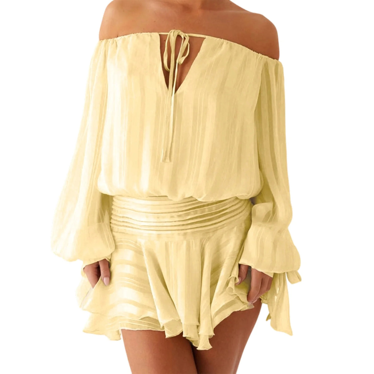 Cyflymder  y2k Tube Top Dress Women Off Shoulder Strapless Long Sleeve Backless Smocked Ruffled Mini Dress Club Party Dresses