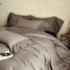 Cyflymder  Flowers Embroidery Ruffles Plaid Bedding Set Double Layer Crepe Yarn Pure Cotton Duvet Cover Flat/Fitted Bed Sheet Pillowcases