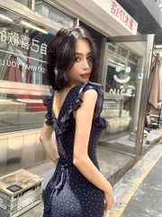 Cyflymder  Sweet Hot Girl Pure Sexy Ruffled Short-sleeved Dress Women's Summer Backless Polka Dot Mid-length Dress Fashion Female Clothes