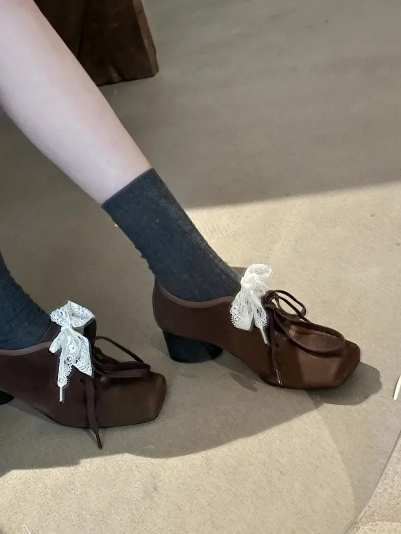 Cyflymder  French Style Low Heel Mary Jane Shoes for Women Fashion Faux Suede Lolita Square Toe Lace Up Chunky Heel Casual Designer Shoes