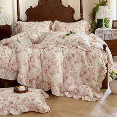 Cyflymder  Vintage Oil Painting Style Flowers Ruffles Bedding Set Double Layer Yarn 100% Cotton Duvet Cover Flat/Fitted Sheet Pillowcases