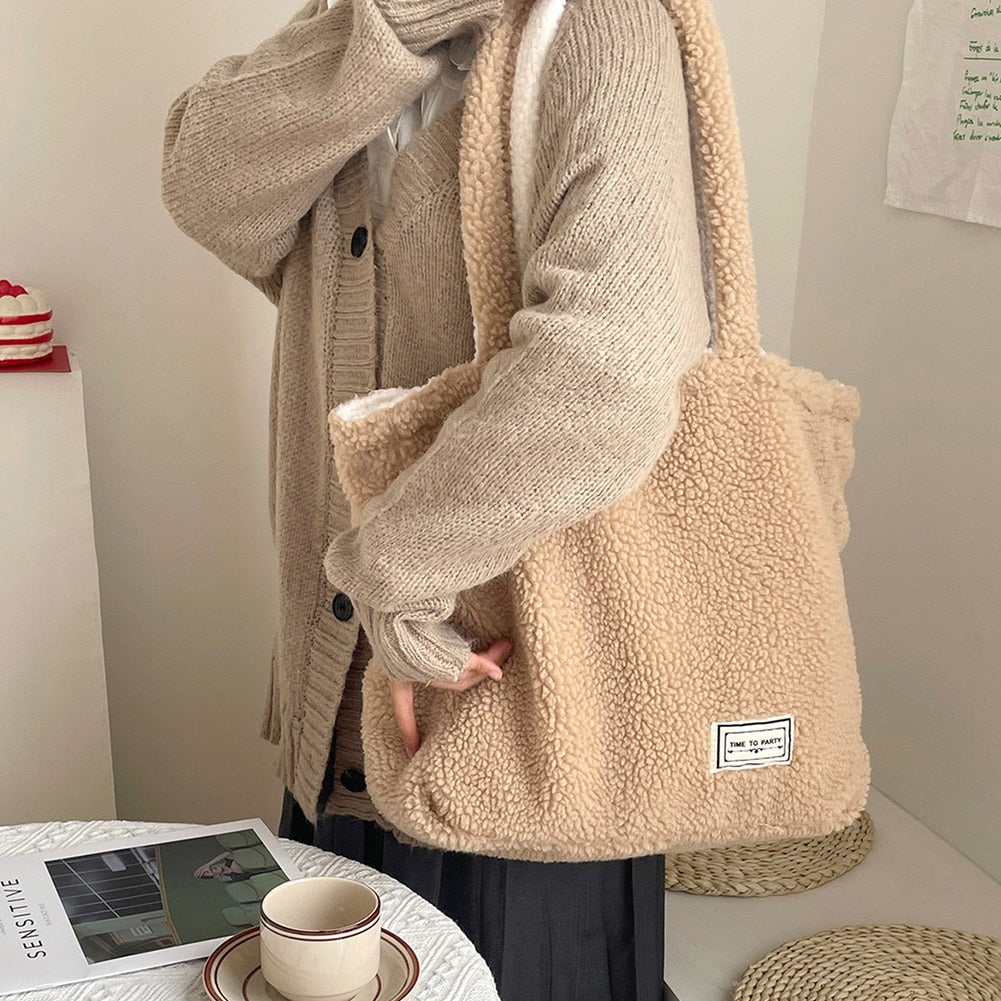 Cyflymder Cashmere Fleece Handbag Women's Plush Shoulder Bags Two Side Available Designer Tote Bags Girls Ladies Shopper Bag Bookbag Purse