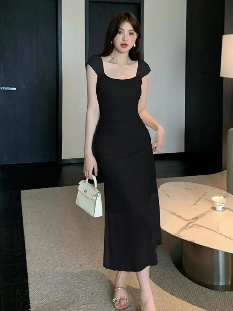 Cyflymder Summer Fashion Women Black Temperament Sexy Club Party Mesh Long Dress Vintage Beige Square Collar Elegant Pleated Slip Sundress