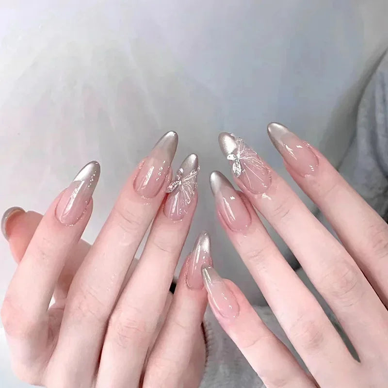 Cyflymder  30Pcs 3D Pink Fake Nails With Diamond Halloween Long Almond False Nail Butterfly Design Wearable Oval Press on Nails Tips Y2k