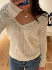 Cyflymder  Twisted Flower Thin Knitted Sweater Women Spring Beige Raw Hem V-Neck Long Sleeve Jumpers Sweet Cute Preppy Style Sweater Top