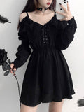 Cyflymder Large Size Gothic Women Black Mini Dress Sexy Off Shoulder High Waist Ladies Party Dress Long Sleeve V Neck Vestidos