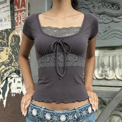 Cyflymder  Temperament Spliced Lace U Neck Fake Two Piece Y2k Euramerican High Street All Match Front Bow Design Slim Clothes Harajuku Tops