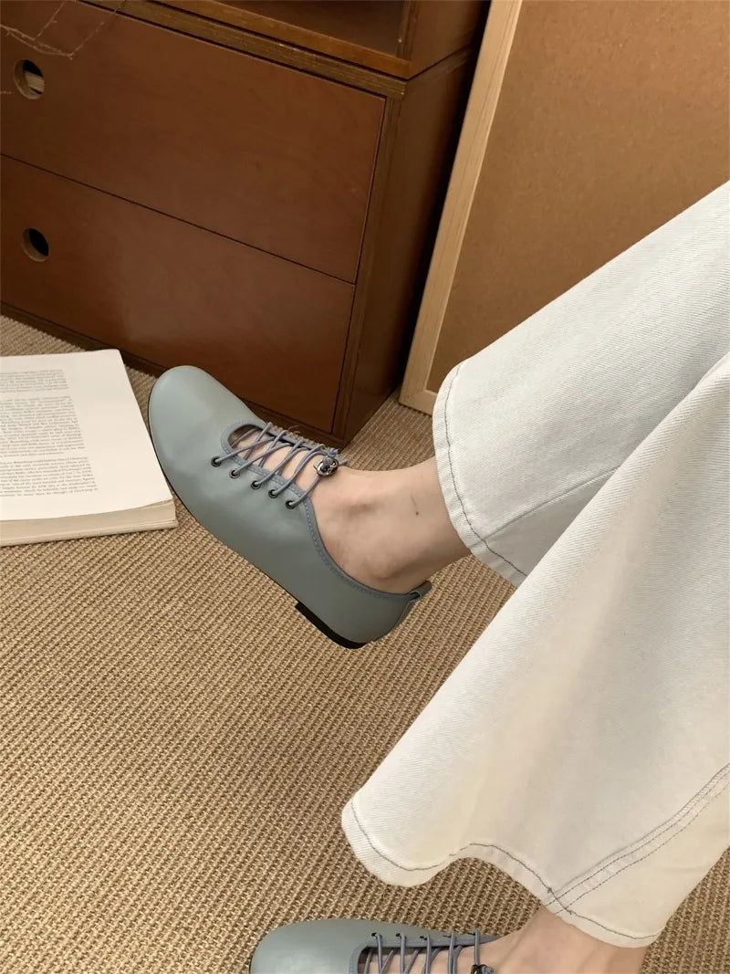 Cyflymder  Retro Lace Soft Leather Women Flats Cozy Round Toe Ballet Style Outdoor Walking Casual Shoes Ladies Fashion Brand Designer Pumps