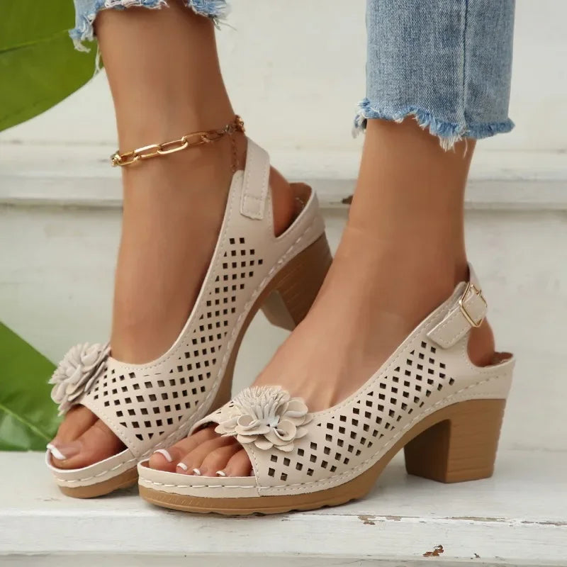 Cyflymder  Summer Fashionable Floral Thick High Heels Sandals for Women Strap Hollow Large Size Women's Shoes Platform Sliding Sandals