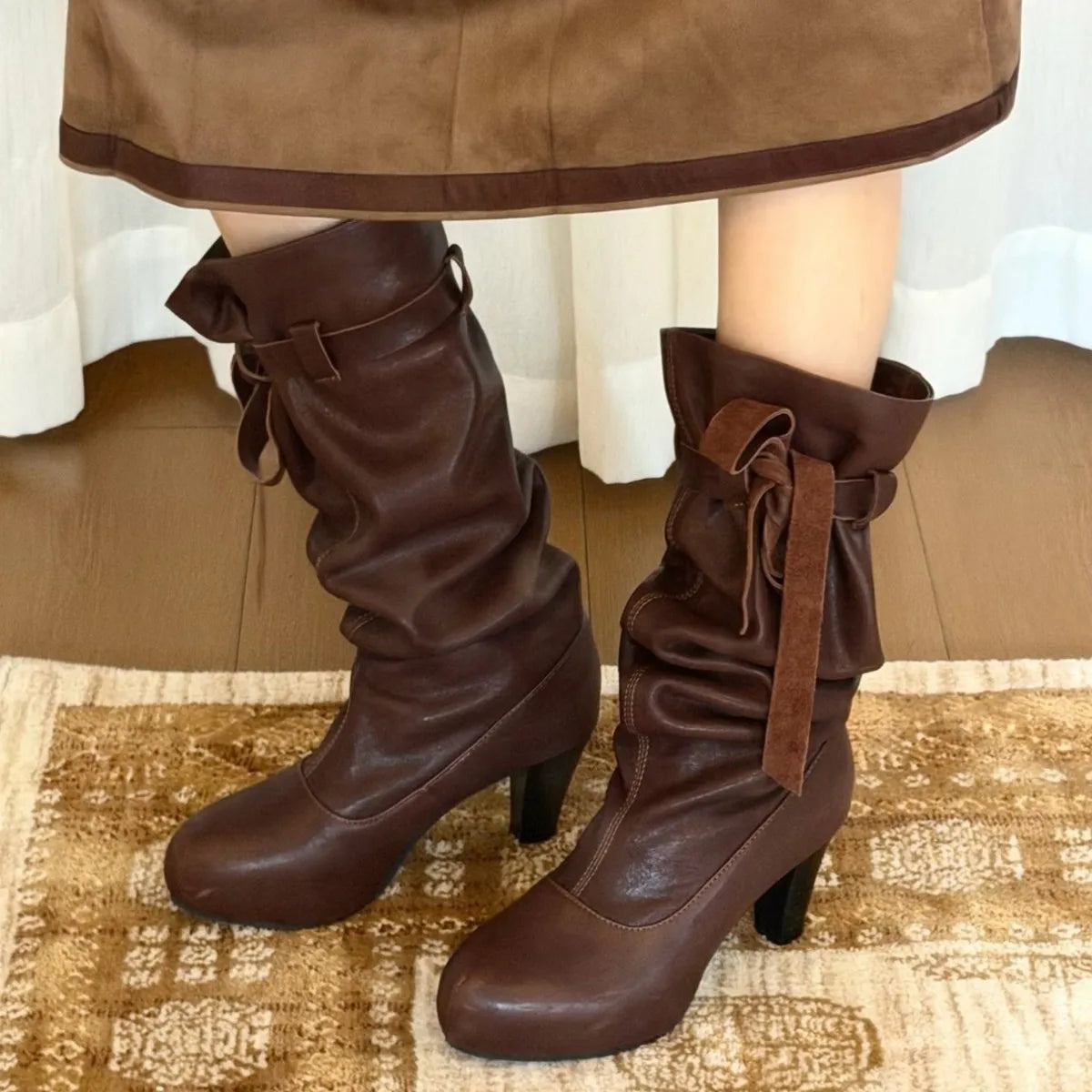 Cyflymder  Stylish Mid-Calf Boots for Women New Fall Cow Split Leather Upper Sheepskin Lining Medium Heel Casual Daily Fashion